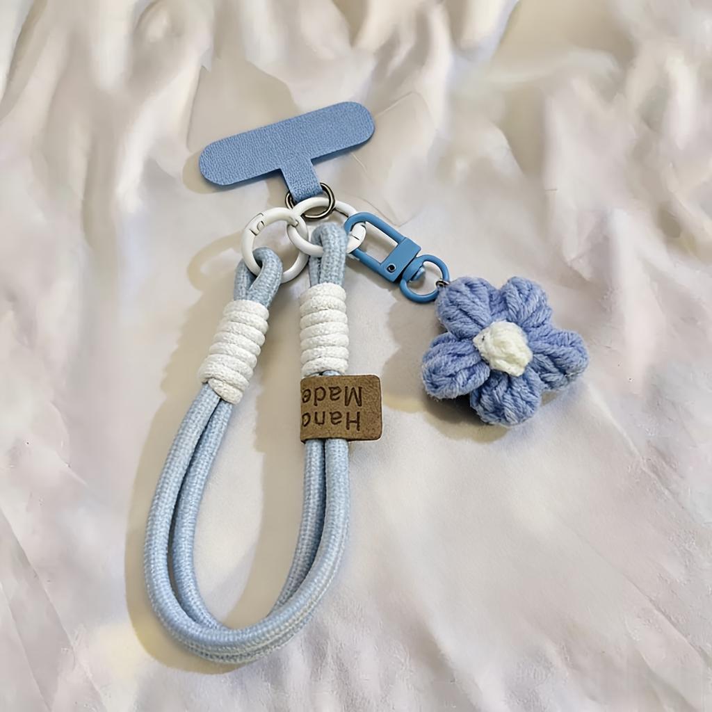 Hand-knitted Cell Phone Lanyard - With Flower Keychain Charm