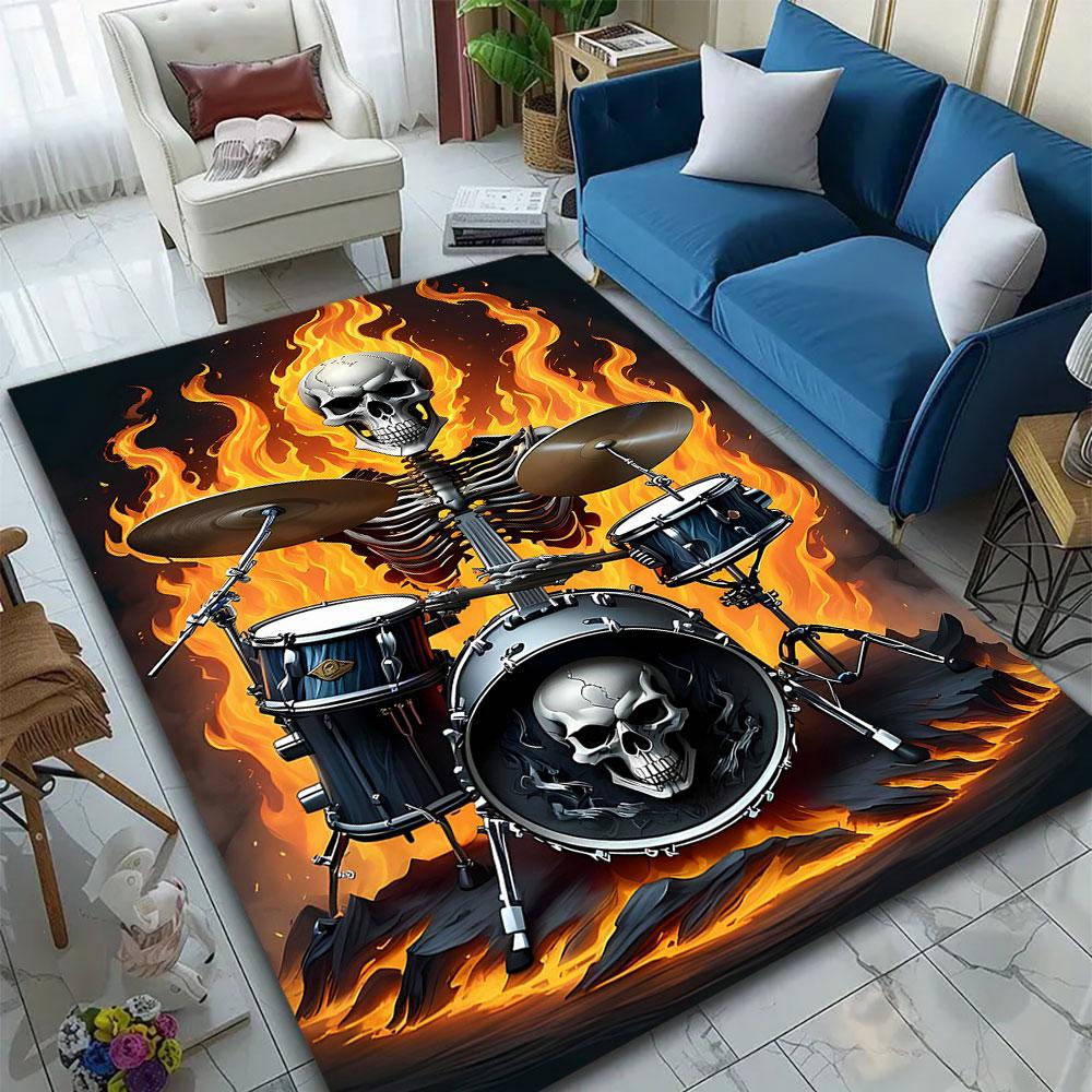"Skeleton Drummer in Fiery Blaze" Patterned carpet, suitable as a non slip play mat for the living room and bedroom sofa