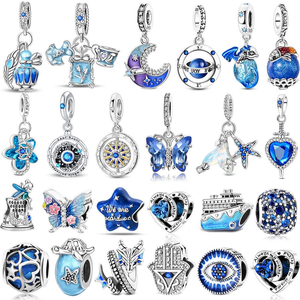 New Copper Heart Murano Glass & Butterfly Dangle Charm Fit Original Bracelet & Necklace Blue Series Jewelry