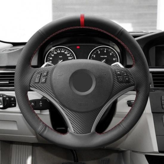 DIY Red-strip Steering Wheel Leather Cover For BMW 1 3 Series E90 E87 E82 X1 E84