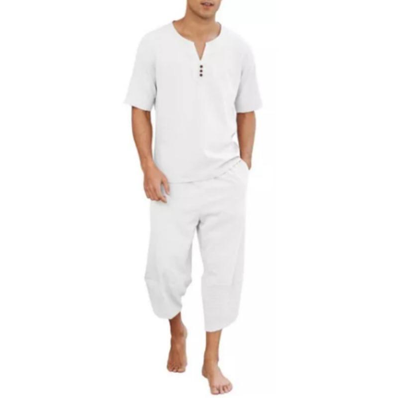 Mens Linen Cotton Henley Shirt And Cropped Pants Set S
