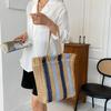Summer Stripes Straw Tote Bag Women Zipper Handbag Casual Holiday Beach Bag Woven Handmade Shoulder Bag Shopping
