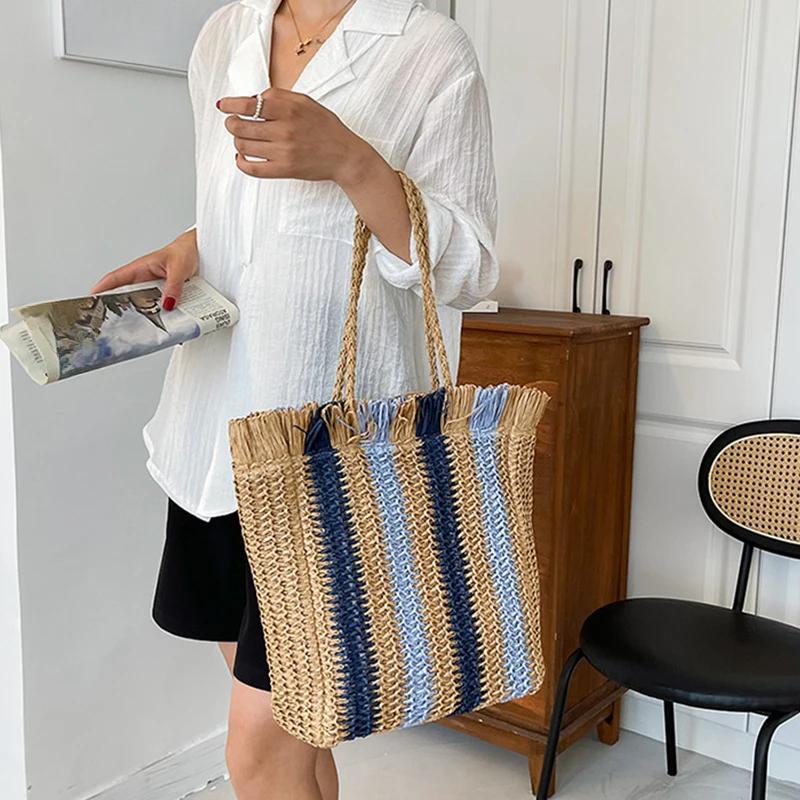 Summer Stripes Straw Tote Bag Women Zipper Handbag Casual Holiday Beach Bag Woven Handmade Shoulder Bag Shopping