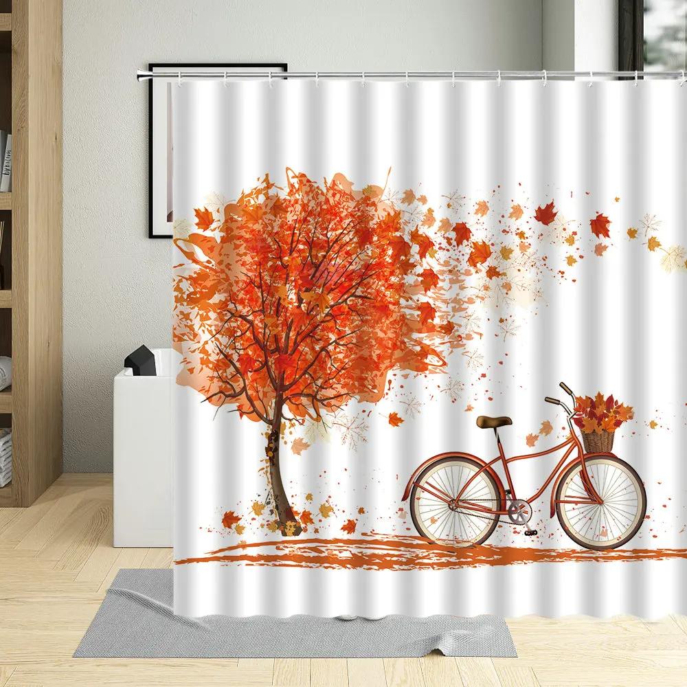 Autumn Tree Bicycle Fallen Leaves Scenery Shower Curtain Winter Forest Branch Leaf Watercolors Art Home Decor Bathroom Curtains