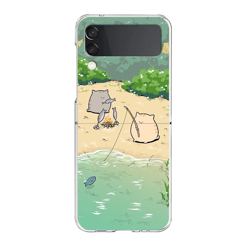 Transparent Phone Case For Samsung Galaxy Z Flip 3 4 5 6 7 Hard Folding PC Z Flip3 Flip4 Cover Protector Cat Fishing