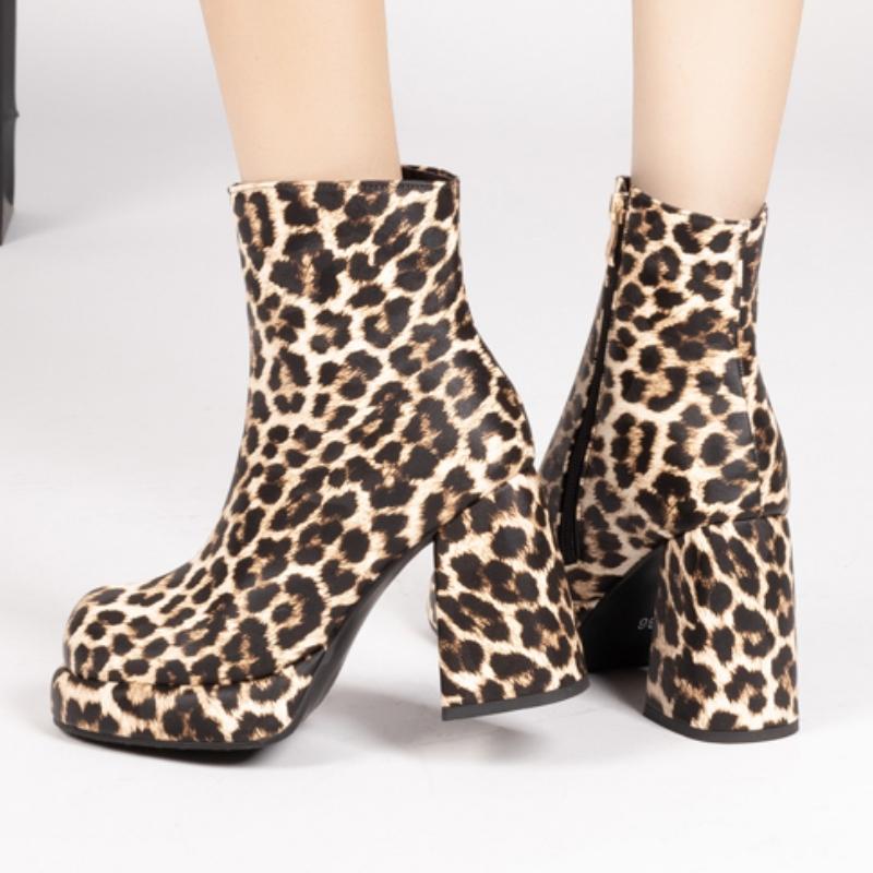 Sexy Women's Ankle Boots Platform Leopard Short Shoes New 2025 Block High Heel Fashion Autumn Winter Motorcycle Boots Ladies