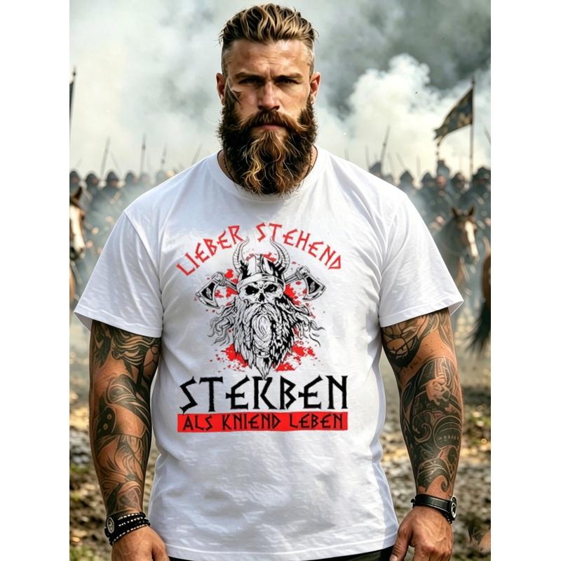 Men'S T-Shirt Black Viking Skull With Axes And German Text Lieber Stehend Sterben Als Kniend Leben Battle Scene Design For Outdoor Events And Casual