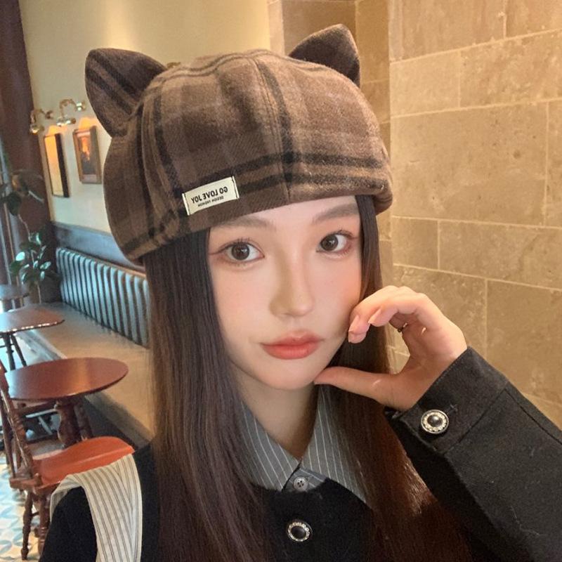 Retro Plaid Beret British Versatile Literary Painter Hat Autumn and Winter Woolen Warm and Cute Cat Ears Octagonal Hat