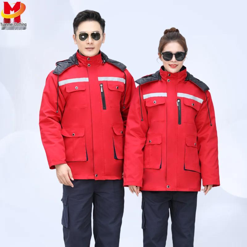 Winter Thermal Work Coat with Reflective Stripes - Insulated, Cold-Proof, Durable for Warehouse & Logistics.