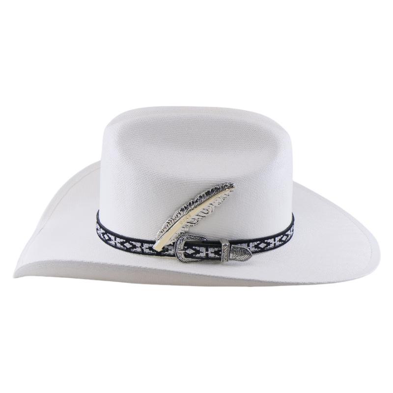 

Canvas Western Bent Cowboy Hat White Stiff Men S Metal Feather Decorative Hat L（58-60cm）
