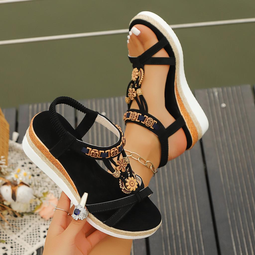 Fashion Wedge Sandals for Woman Summer Fashion Black Round Head Flower Decoration Comfortable Beach Shoes