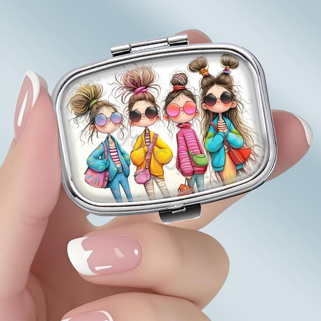 Portapillole Portatile con 2 Scomparti, Mini Custodia Organizer in Metallo per Medicine, Carino Contenitore Stampato per Pillole, Vitamine, Gioielli, Viaggio, Uso Quotidiano