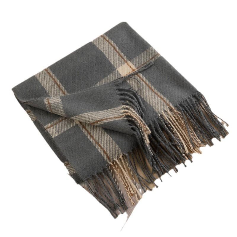 Womens Knitted Plaid Faux Cashmere Scarf With Fringe Warm Stylish Versatile Office Winter Everyday Wear