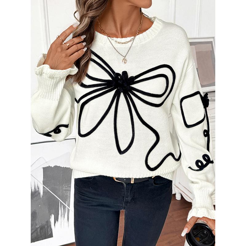 Elegant Tops for Women Streetwear Autumn New Fashion Three-dimensional Bow Round-neck Long Sleeves Pullover Sweater
