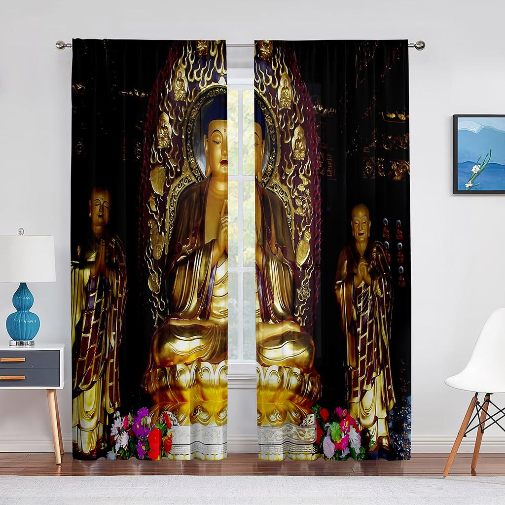 Buddhist Buddha Statue Golden Light Sunset Thin Curtain for Living Room Kitchen Window Bedroom Decor Curtains 2panels Rod Pocket