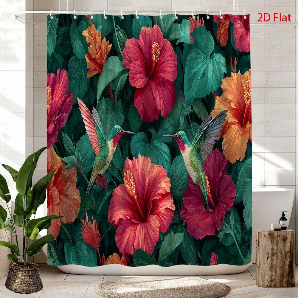 1pc Tropical Hibiscus & Hummingbirds Shower Curtain - Botanical Tub Divider with 12 Hooks, Machine Washable, Vibrant Hawaiian 90x180cm