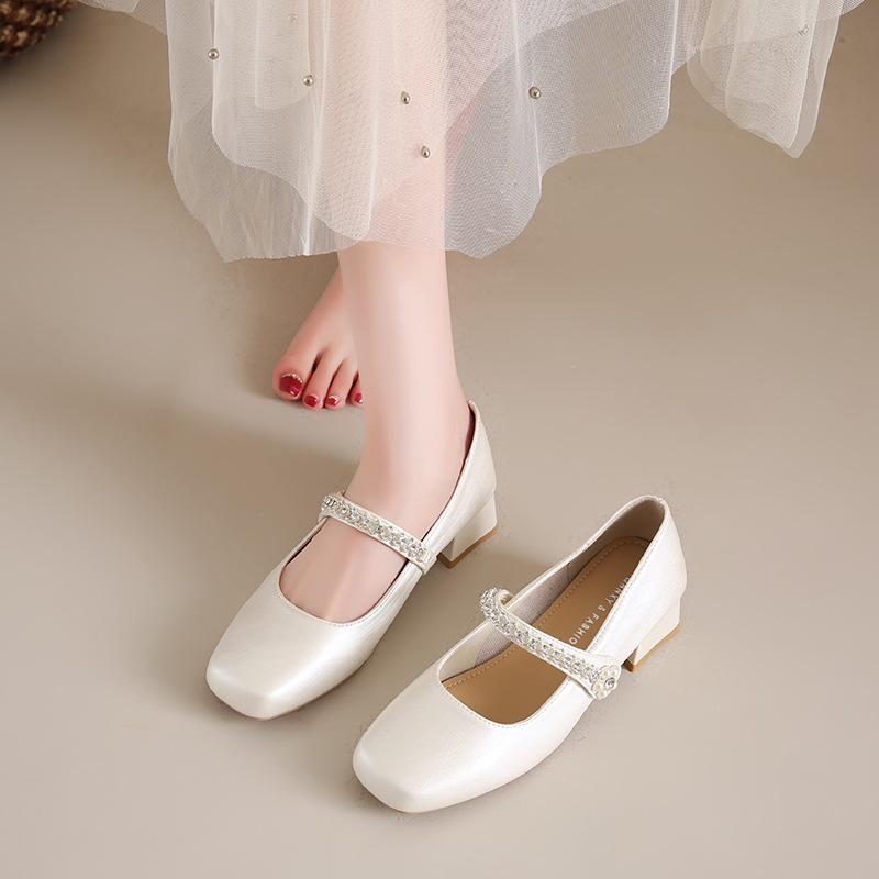 Summer single shoes 2025 new square head shallow mouth rhinestone one-word diamond belt silver low heel flat shoes Mary Jane shoes