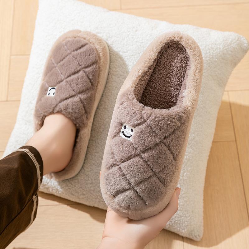 Winter new smiley face fluffy slippers piled thickened cotton slippers indoor home couple slippers non-slip and warm