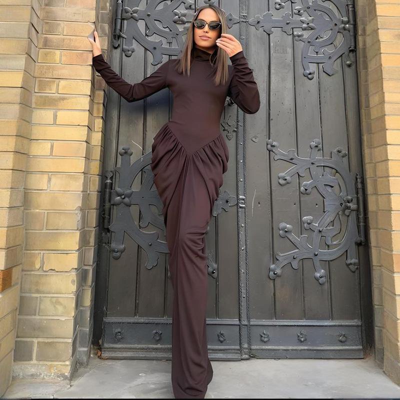 

2025 Осень Женское Платье с Длинным Рукавом, Высоким Воротником, Подчеркивающее Талию, Облегающее Фигуру XXL