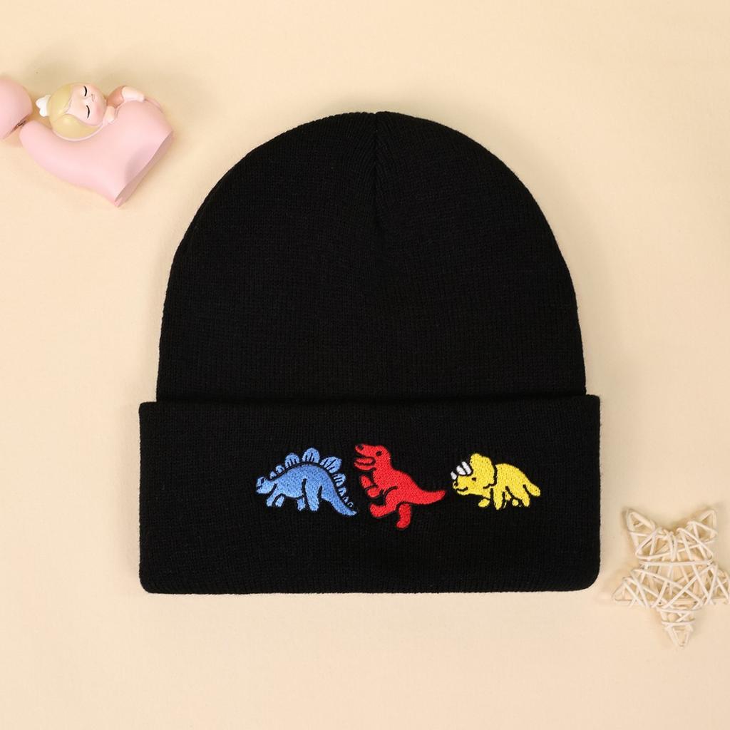 Cartoon Dinosaur Pattern Embroidery Thermal Knitted Hat Simple Autumn And Winter Fashion Thermal Basin Hat Round Hat