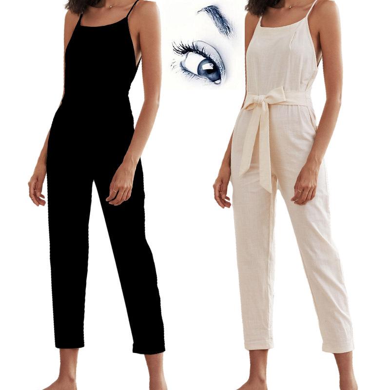 2022 Cotton & Linen Women's Suspender Jumpsuit - Casual European & American Style