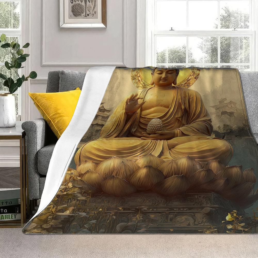 Buddha Posture and Flower Design Flannel Printed Blanket Suitable for All Seasons Suitable for Living Room Office Sofa Travel