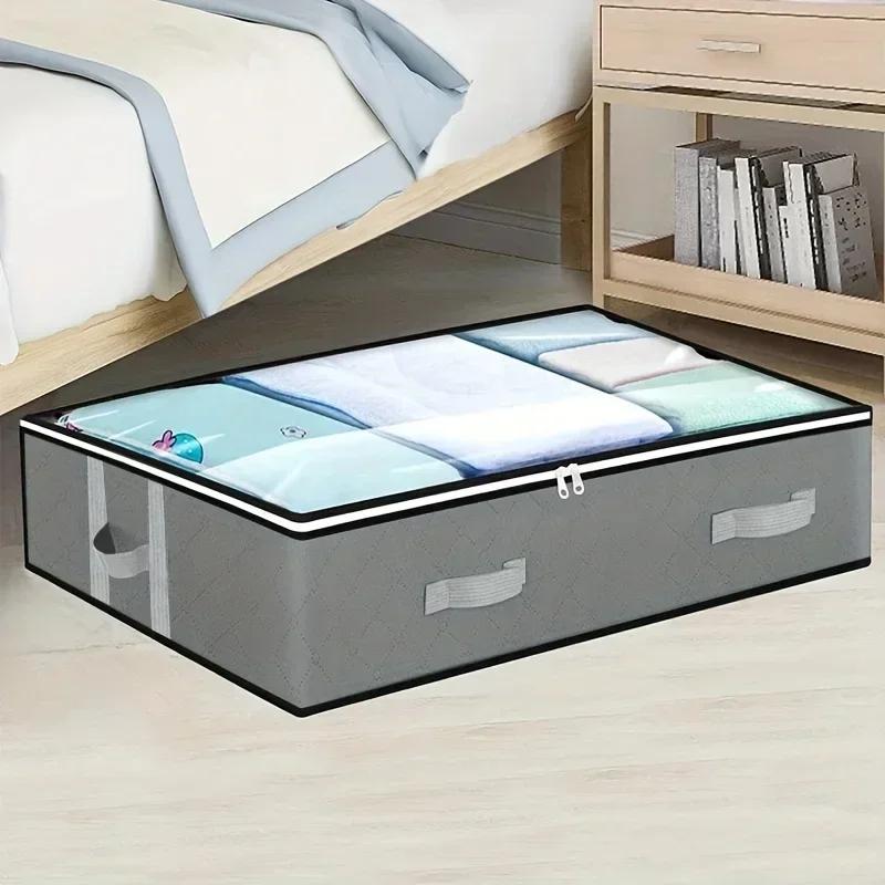 Dustproof under-bed storage box with reinforced handles suitable for quilts blankets pillows and toys bedroom accessories