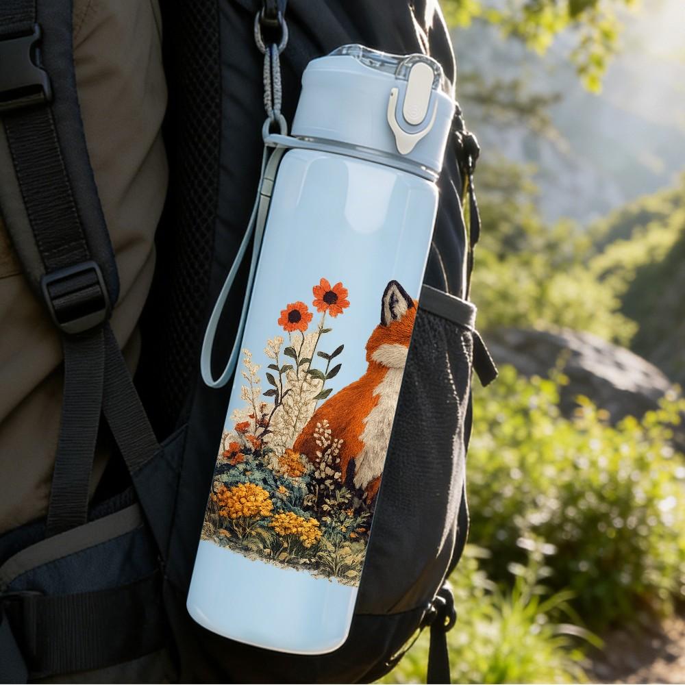 1PC Fox Sitting Autumn Forest Scene Print 750ml Color Plastic Sports Water Bottle Leakproof Flip Straw Lid Suitable for Sports Office Home Use