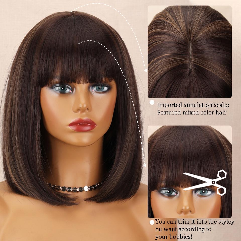 MISSQUEEN Synthetic Brown Gradient Bangs Bob Wig Shoulder-length Straight Wig Suitable for Female Role Daily Wig Heat-resistant Fiber