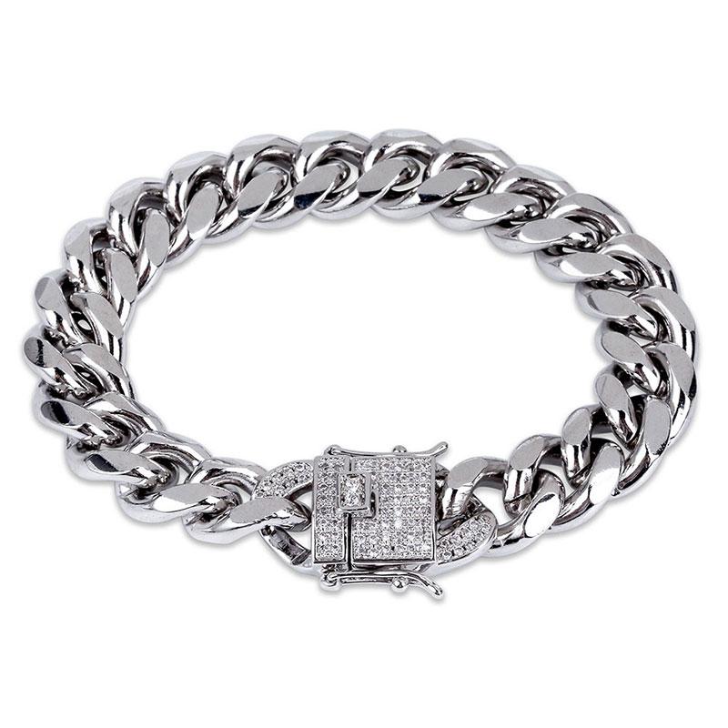 New Hip Hop Bracelet Gold Silver Color Cubic Zirconia Stone Buckle 12mm Width Cuban Chain Bracelets Charm Jewelry for Men Women