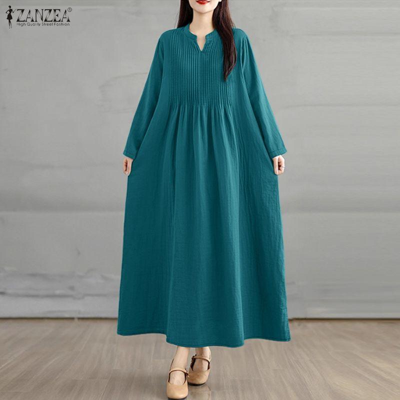 ZANZEA Women Casual V-Neck Solid Color Long Sleeve Loose Dress