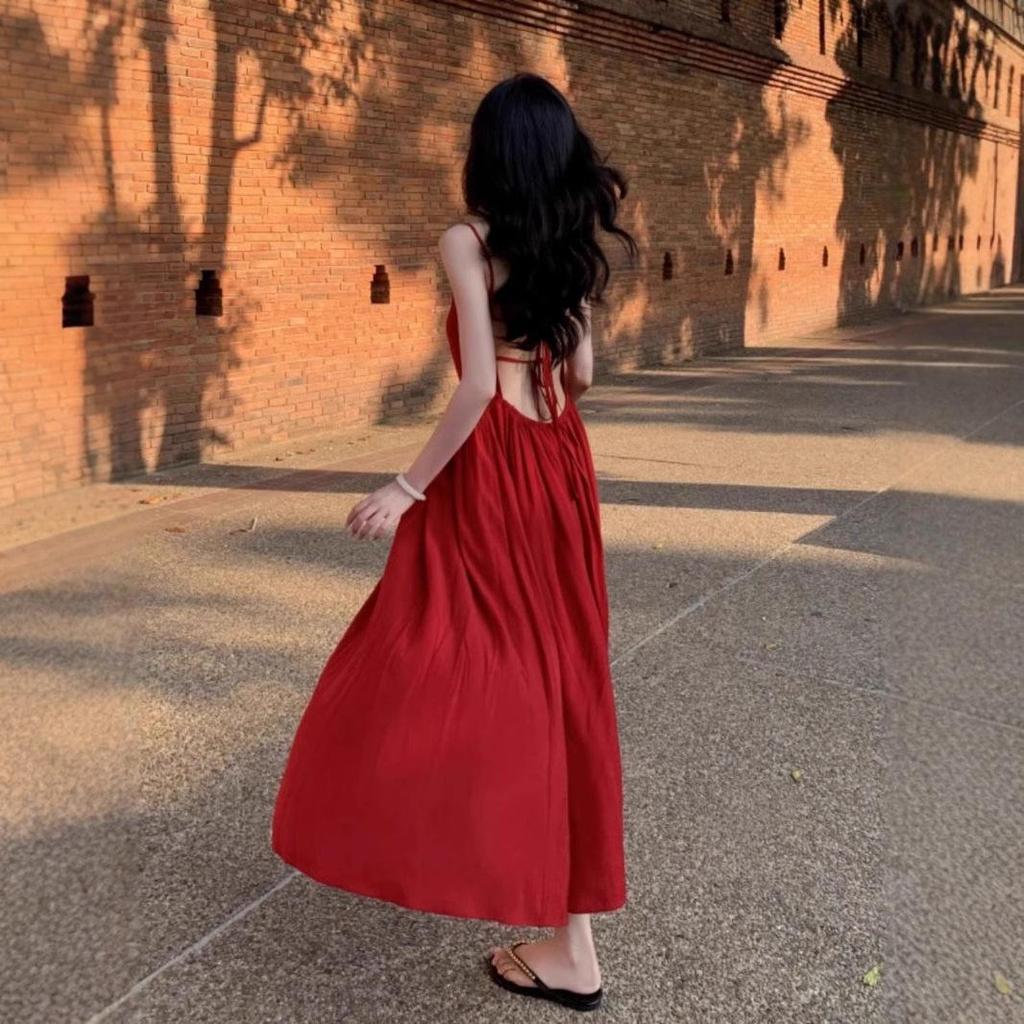 Women's Sexy Backless Red Slip Dress - Perfect for Beach Vacations and Photos