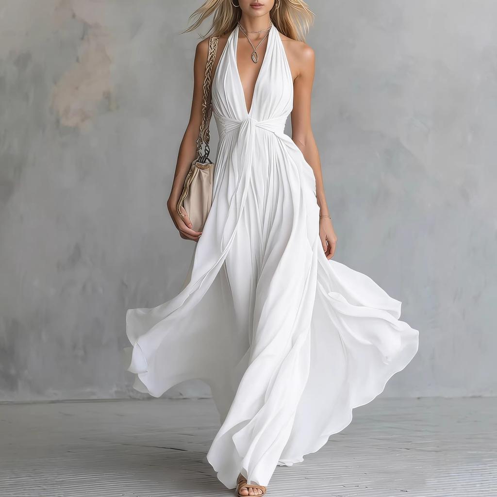 Summer women's clothing, solid color V-neck sleeveless sexy waist and thin dress, new in autumn