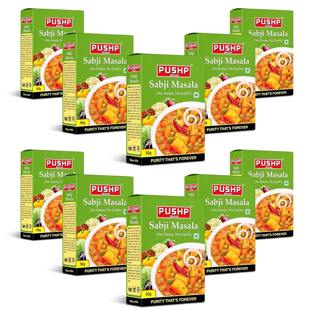 Pushp Sabji Masala Polvere Confezione da 10 Scatole da 50g Ciascuna Condimento All-in-One per Curry di Verdure per Autentica Cucina Indiana Casalinga