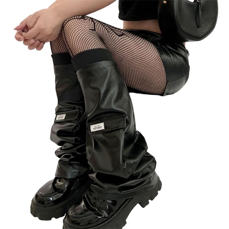 Womens PU Leathers Leg Warmers Long Leg Sleeve Socks Warm Adult Girls Boot Socks Party Casual Streetwear
