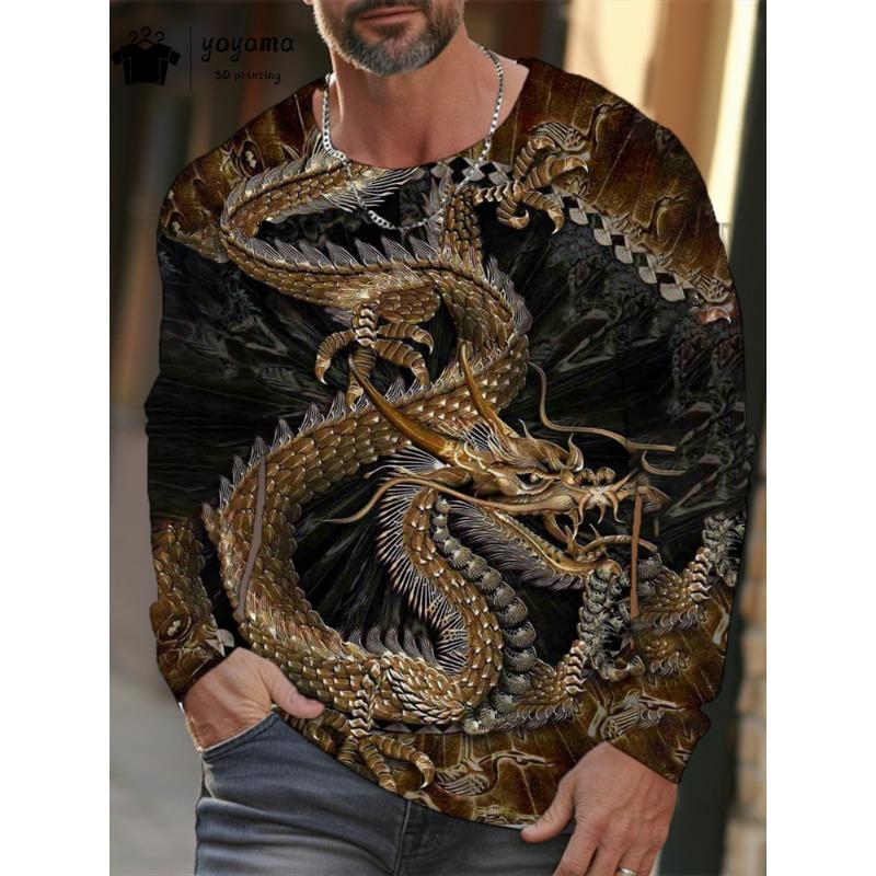 Dragon Print Men's Clothing 3D Print Men's Long Sleeve T Shirt Classic Casual Mens Clothing Breathable O-Neck T Shirt Men Tops