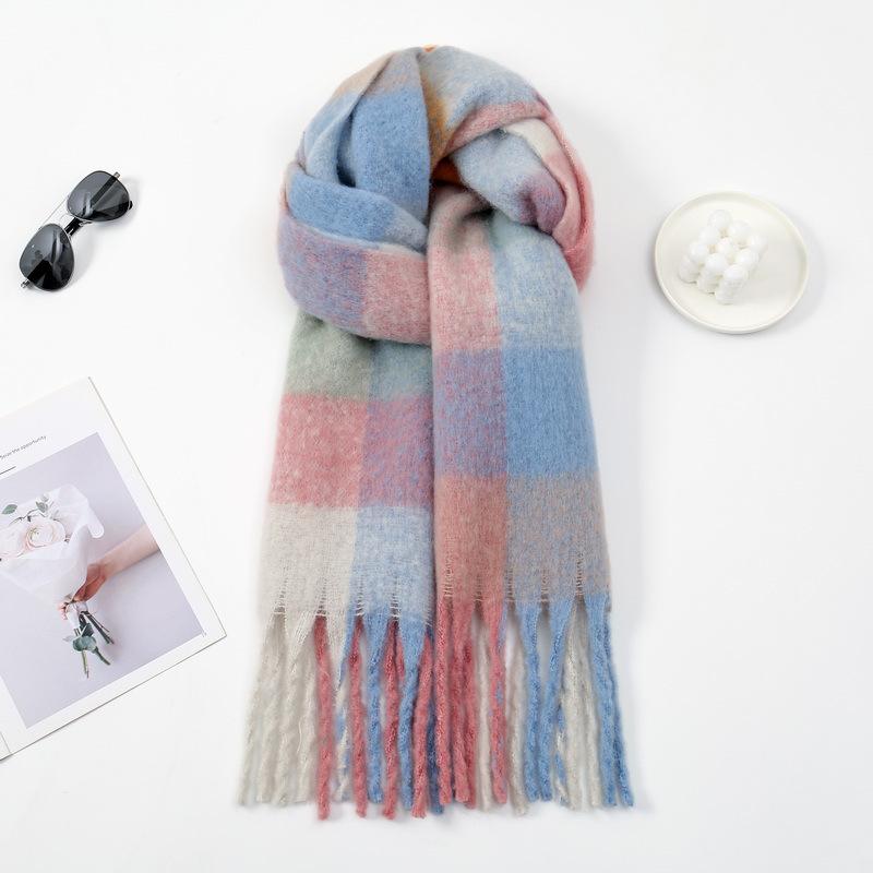 Rainbow Mohair Plaid Scarf - Thick, Chunky, Warm Winter Tassel Neck Warmer in Four Colors