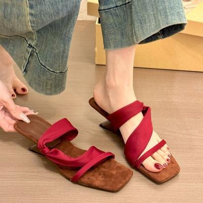 2025 New Square Head Open Toe Summer Slippers Elegant Bow Designer Opposite Heel Dress Party Slippers Zapatillas Mujer