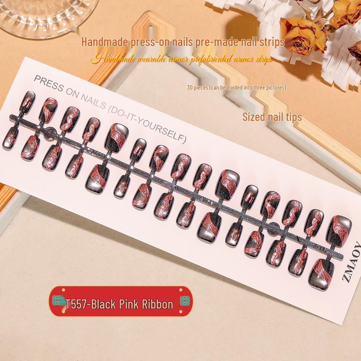 

Black Pink Ribbon Cat Eye Extra Short Press-On Nails - 30 Piece Set Whole XS/S/M