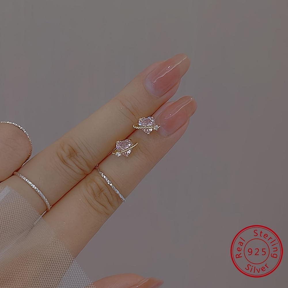 Mini Delicate 925 Silver Hypoallergenic Stud Earrings With Heart Planet Design Zircon Inlaid Pretty Valentine's Day