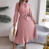 Fall Elegant Stand Collar Long Sleeve Ruched Waist A-Line Dress Women's Formal Wear