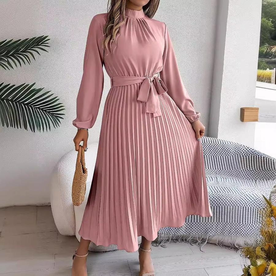 Fall Elegant Stand Collar Long Sleeve Ruched Waist A-Line Dress Women's Formal Wear