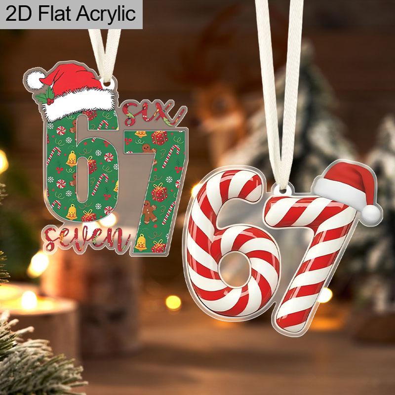2pcs Number 67 Christmas Ornaments, Candy Cane Festive Pattern, Hanging Decor for Xmas Tree or Car Home Holiday Parties Easy To Hang Christmas Gifts
