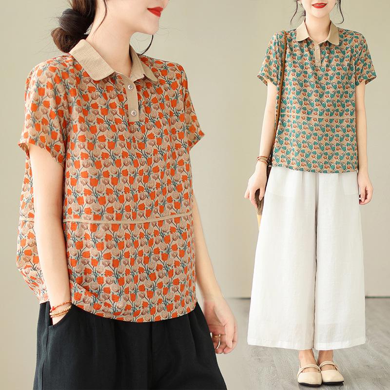 Summer Clothes Color Blocked Lapel Floral Short Sleeved Shirt Middle-aged Thin Style Small Shirt Spliced Loose Top Blouses & Shirts