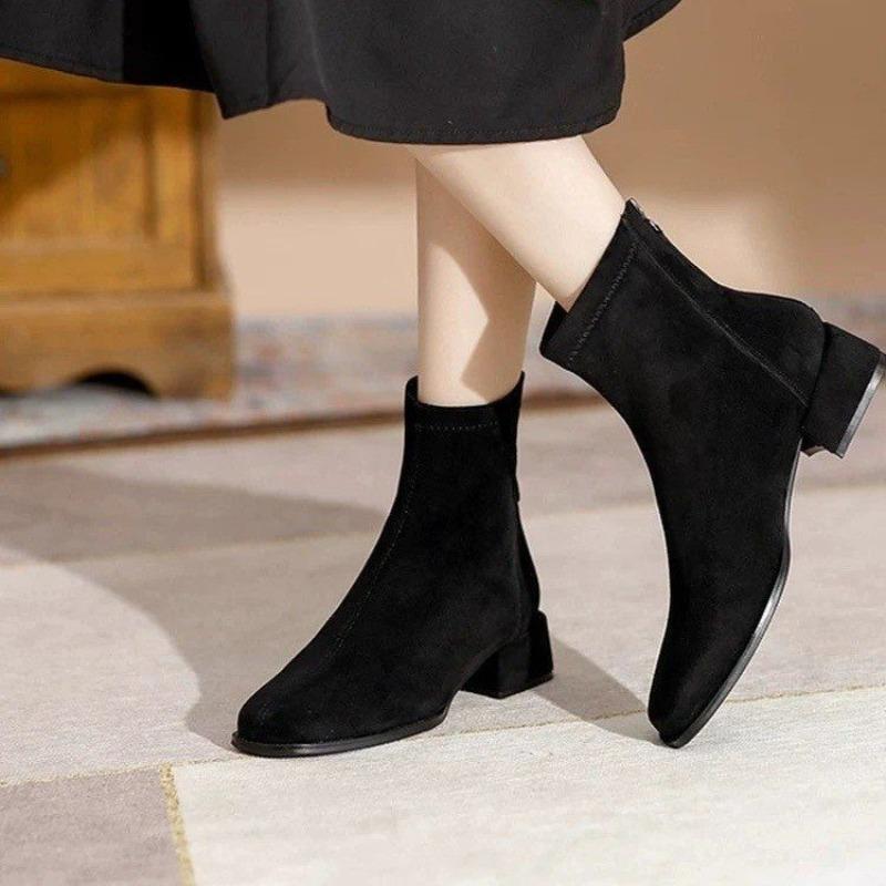 Coarse Heel Suede Martin Boots Women's Autumn and Winter Retro Small Ankle Boots Medium Tube Elastic Skinny Boots Square Head Fashion Short Boots