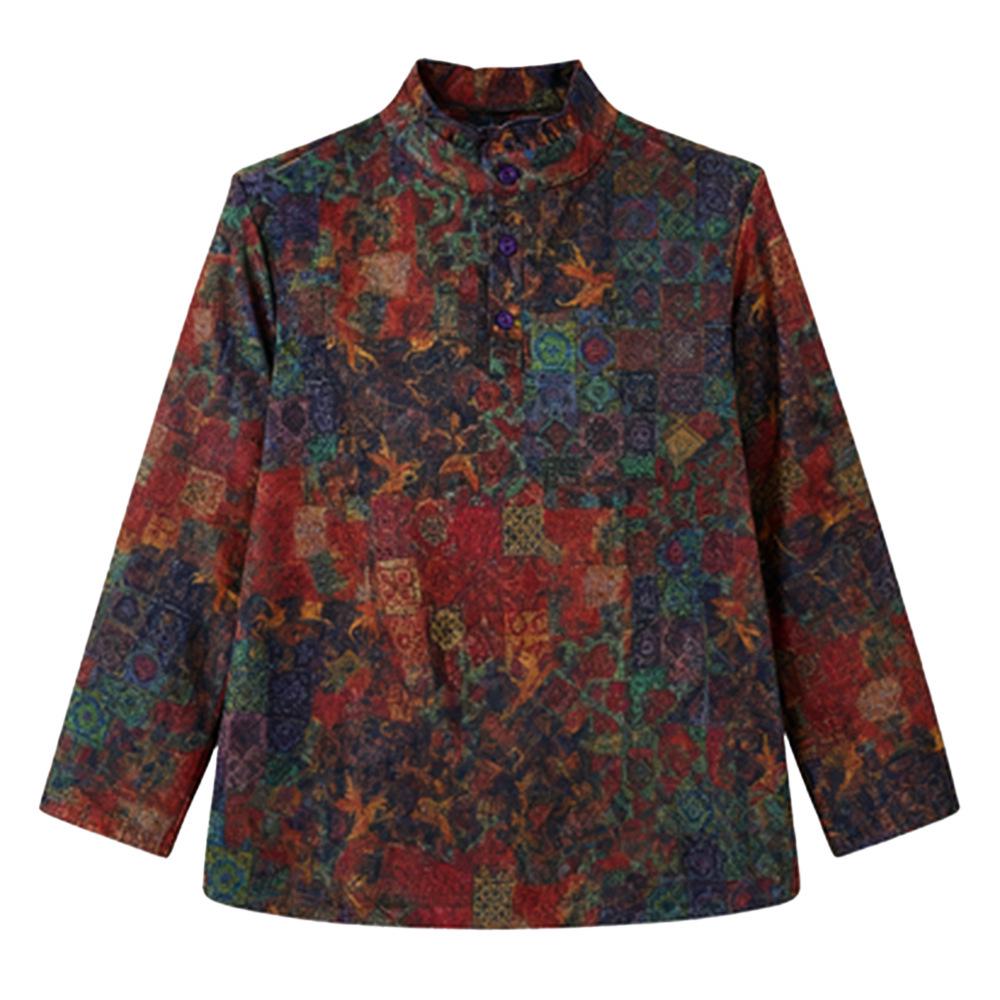 Plus Size Floral Print Long Sleeve Top for Middle-Aged & Elderly Women