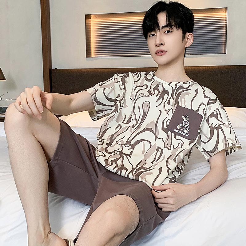 Letnie cienkie bawełniane dzianinowe bluzki z krótkim rękawem i szorty Męskie zestawy piżamowe koreańska piżama tie-dye dla mężczyzn Stroje do spania Odzież domowa