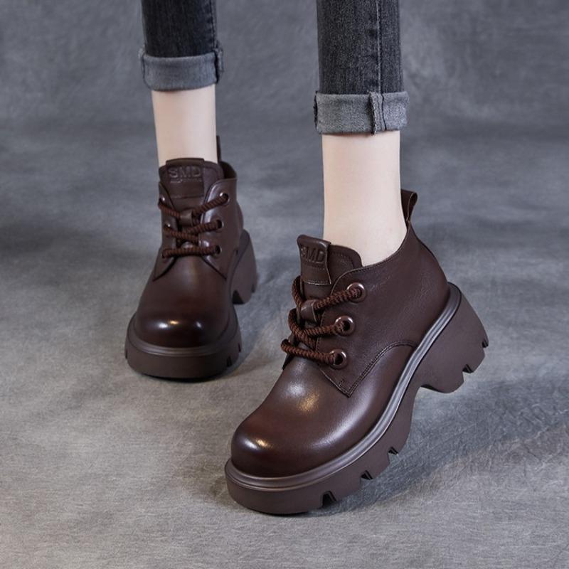 Genuine Leather High-top Platform Ankle Boots with Thick Soles Stylish Lace-up Design British Retro Style