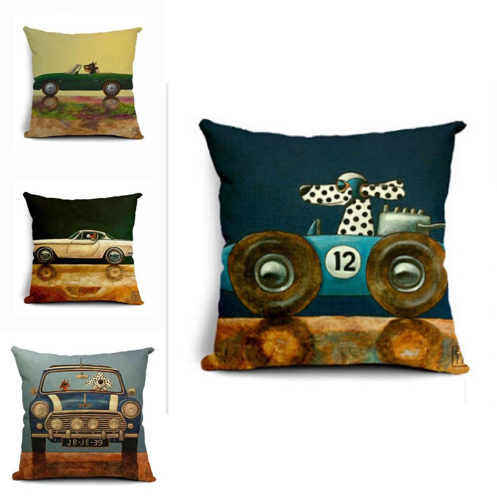 Vintage Car Dog Print Pillow Case In Beautiful Cotton Linen For Stylish Home Decor