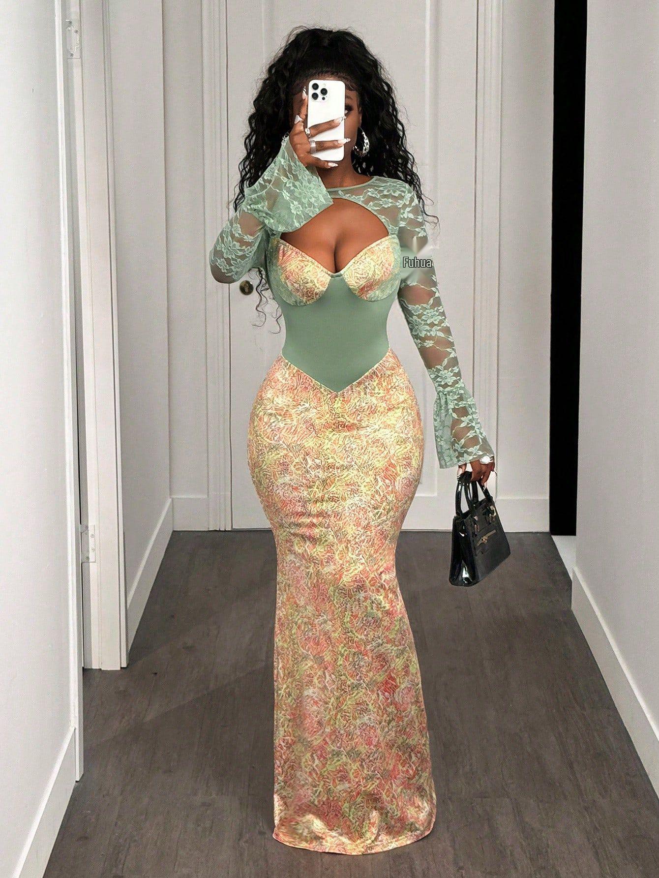 2026 Spring European & American Style Sexy Lace Long Sleeve Color Block Patchwork Low Cut Dress Small разноцветный